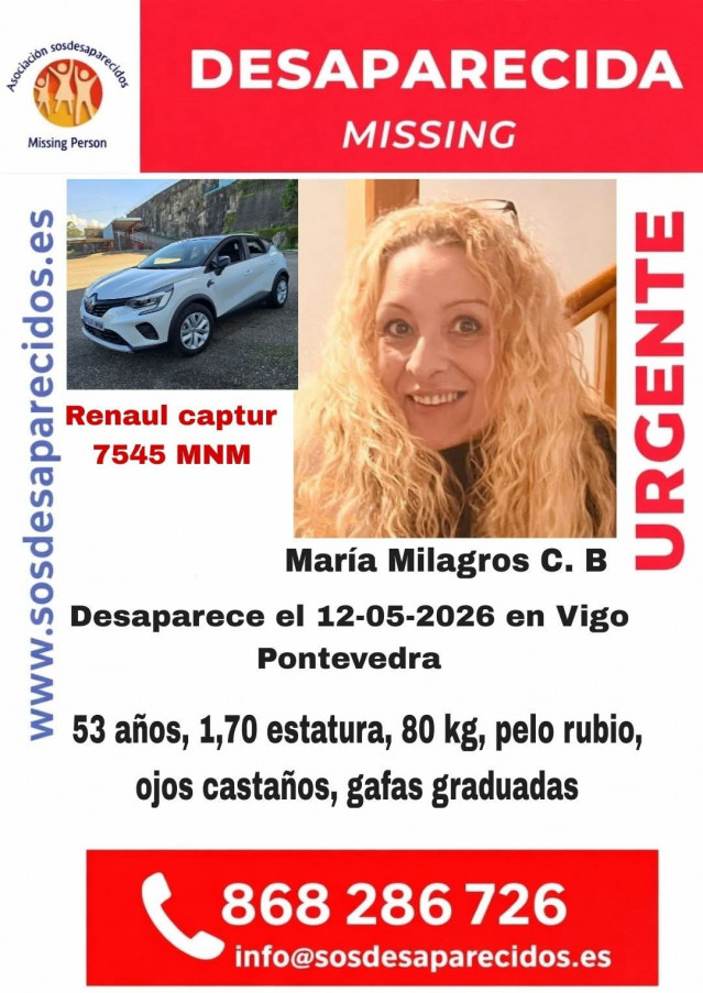 Buscan a una mujer de 53 años, desaparecida en Vigo el 12 de mayo de 2026.