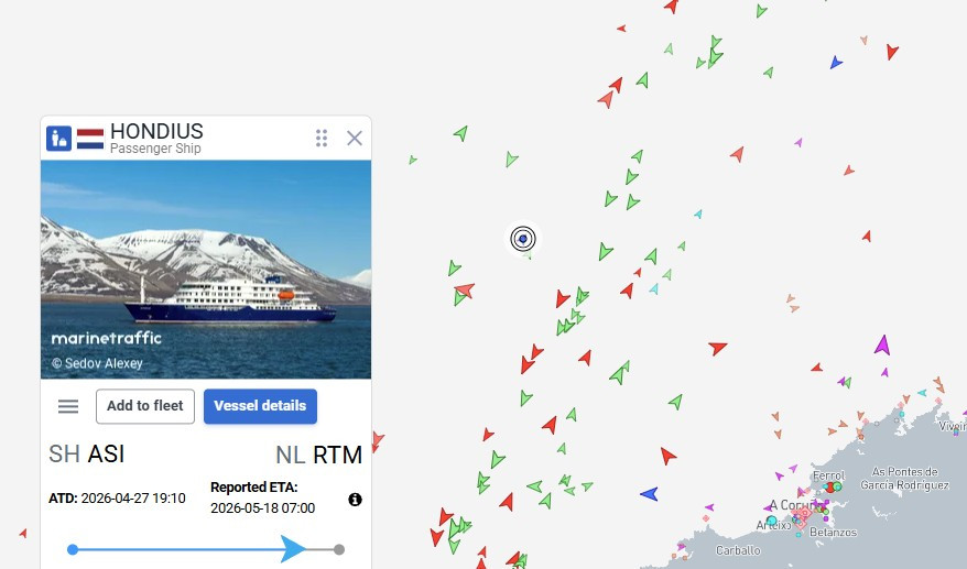 Posiciu00f3n del crucero Hondius en la tarde del viernes segu00fan Marine Traffic
