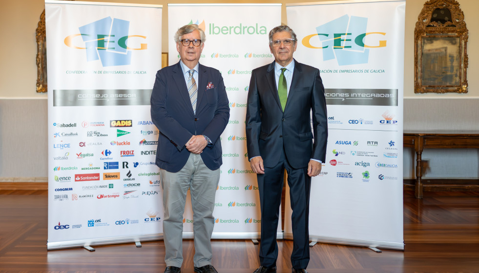 El presidente de la CEG, Juan Manuel Vieites, y delegado de Iberdrola en Galicia, Francisco Silva, en un acto
