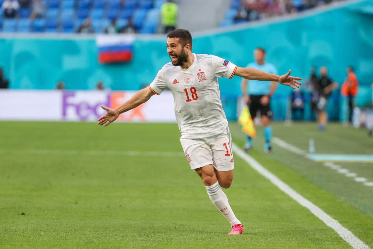 Jordi Alba celebra el 0-1 en el Suiza-España de cuartos de final de la Eurocopa 2020