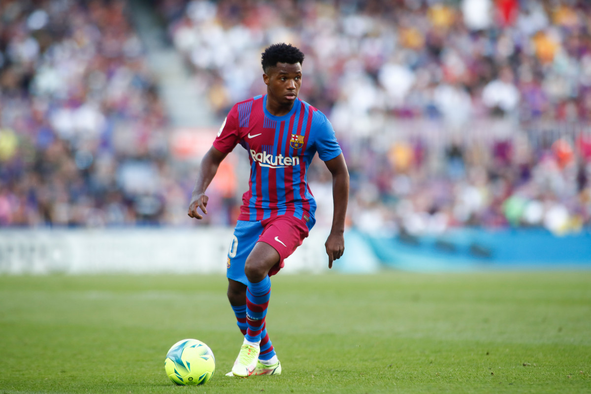 Ansu Fati of FC Barcelona in action during the spanish league, La Liga Santander, football match played between FC Barcelona and Real Madrid at Camp Nou stadium on October 24, 2021, in Barcelona, Spai