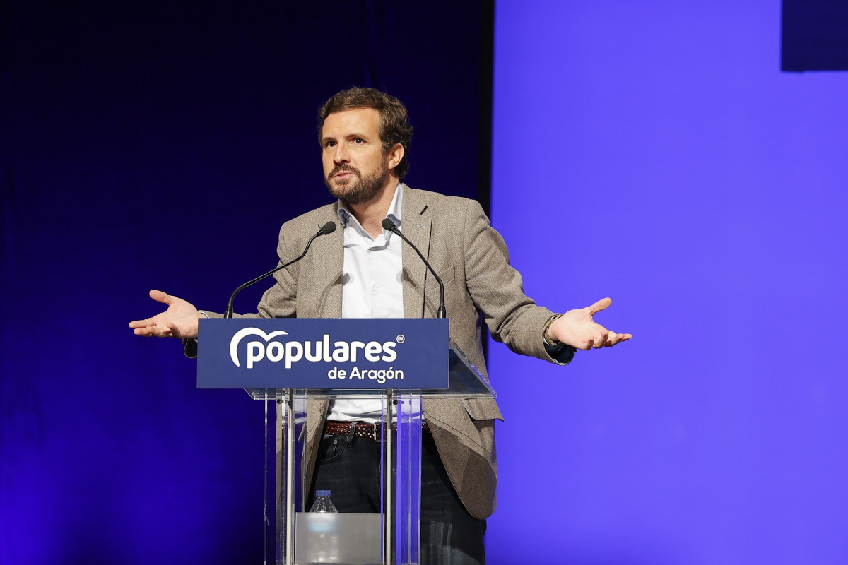 El presidente del PP, Pablo Casado, en el XIV Congreso Autonómico del PP de Aragón, en el Palacio de Congresos